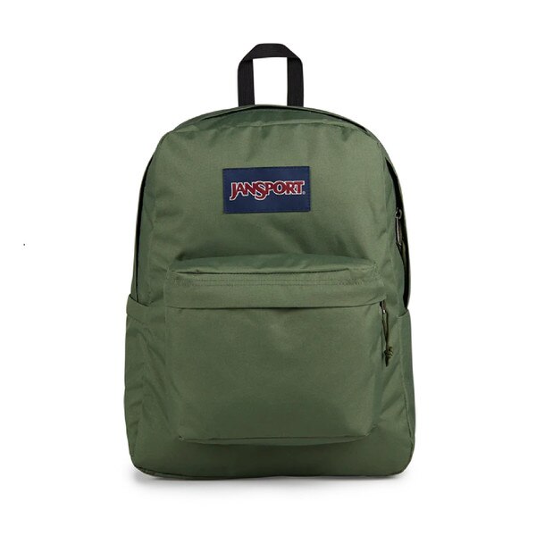Jansport backpack in cargo green with front zipper pocket and top handle